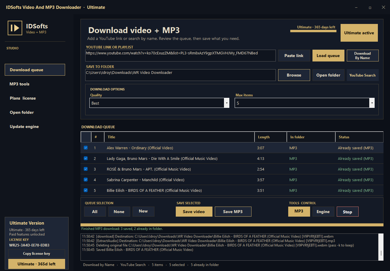 IDSofts Video and MP3 Downloader link and queue screen
